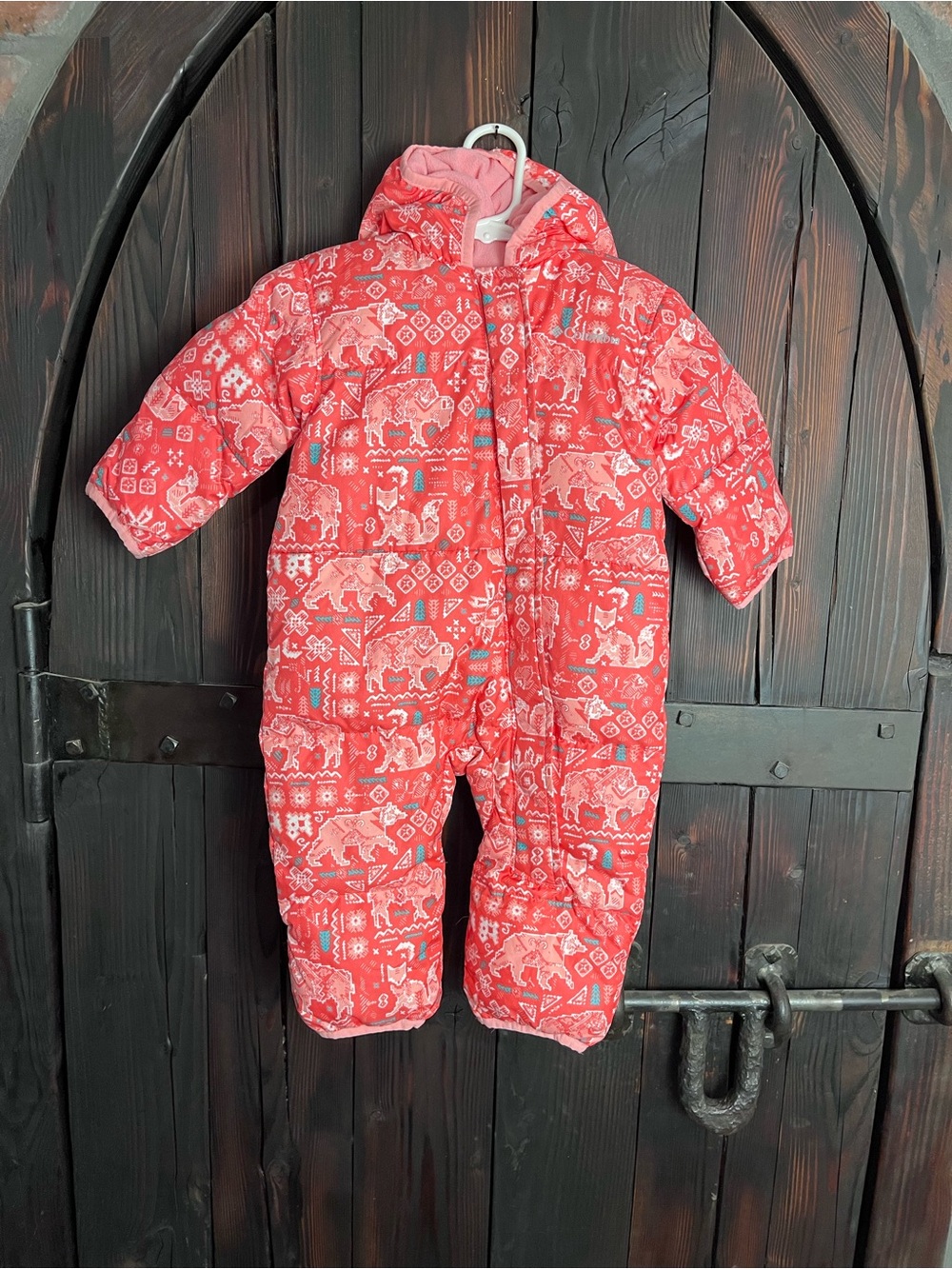 Columbia Red Patterned Hooded Kids One-Piece snowsuit